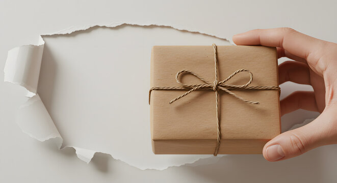 Gift Box Hand Hold Presents in Torn Paper