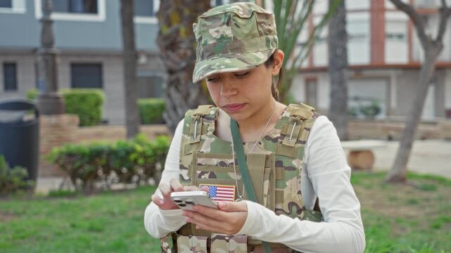 Young hispanic woman soldier holding phone to ear, wearing camouflage uniform and dog tags, us flag patch visible on tactical vest in street; duty readiness.