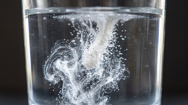 Effervescent tablet dissolving in a clear glass of water creating a swirling white cloud.