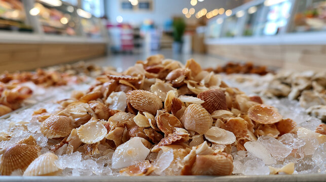 Seafood Market Display with Fresh Clams, Shells, and Crushed Ice