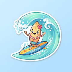 Naklejka premium Cute Kawaii Surfboard Character Riding a Big Ocean Wave Summer Beach Adventure Sticker Illustration