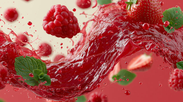 Fresh Red Berry Juice Wave with Raspberries Strawberries and Mint on Red Background