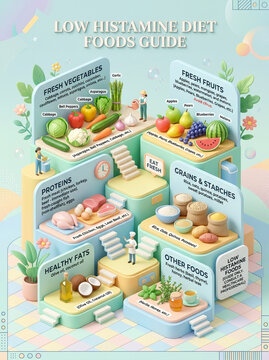 Low Histamine Diet Food Guide Infographic with 3D Isometric Icons and Healthy Ingredients