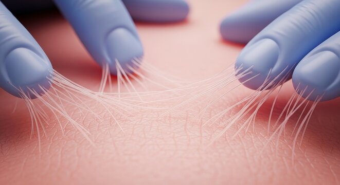 Medical gloved hands removing fine hair or fibers from human skin with skin care