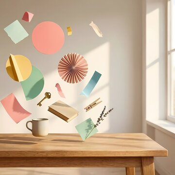 Floating paper scraps book key mug and wooden clothespin above wooden table with sunlight