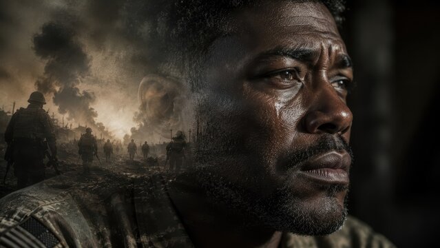 Emotional portrait of a war veteran experiencing PTSD, depression, stress and psychological trauma after military combat.