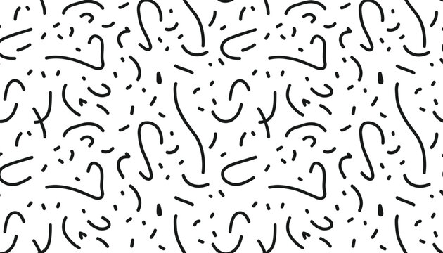 Seamless abstract doodle pattern with organic black hand drawn lines, shapes, and squiggles on a white background.
