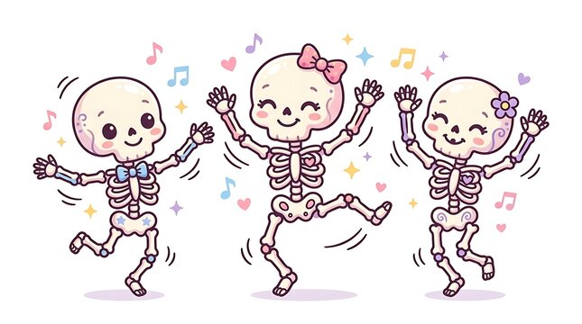 Cute dancing skeletons with musical notes and bows in cartoon style