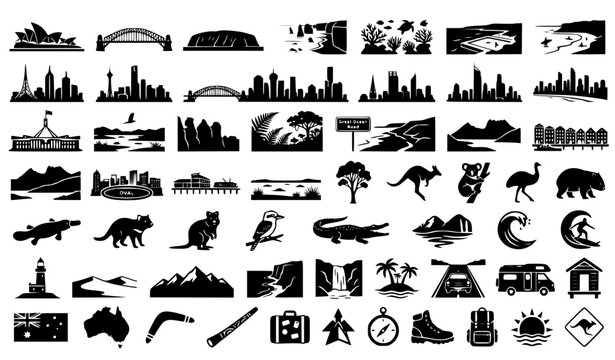 Australian Places Black and White Silhouette Vector Set &ndash; Famous Landmarks, Nature and Travel Icons