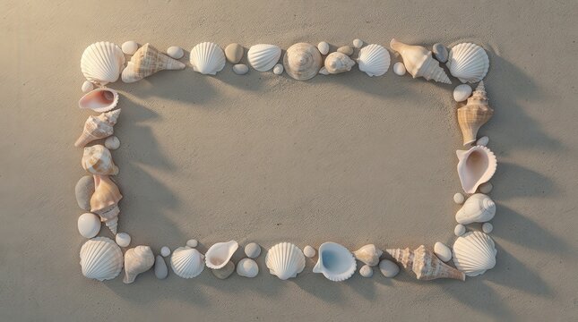A rectangular frame made of various seashells arranged neatly on smooth sand with soft shadows.