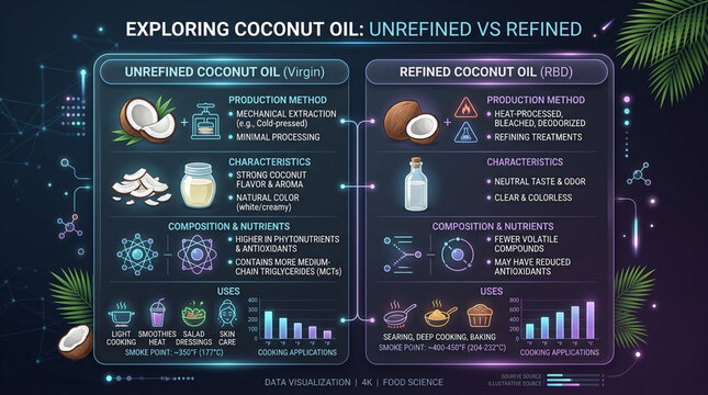 Unrefined vs Refined Coconut Oil Educational Infographic Comparison of Virgin and RBD Types for Cooking and Wellness