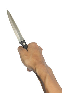 Hand Holding Sharp Kitchen Knife Isolated On Black Background