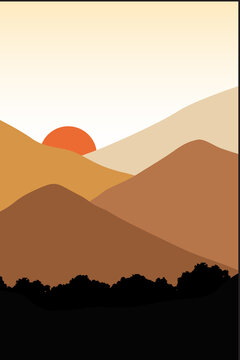 This is a minimalist graphic art print featuring layered gradien cream color of some hills, a dark silhouette of a forest tree line and sunset ambients 