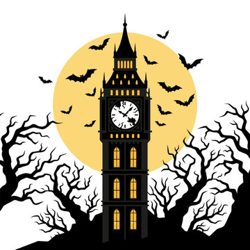Spooky clock tower silhouette with full moon and flying bats for Halloween design.