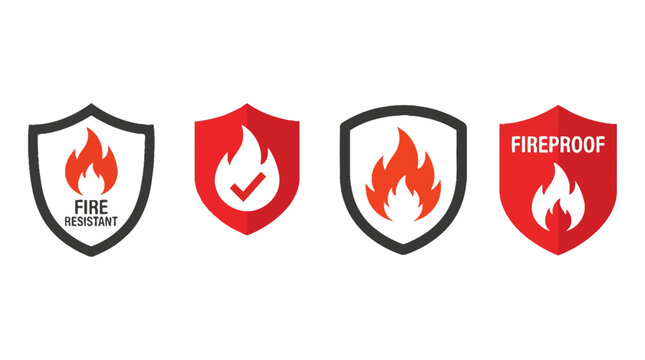 Fireproof and fire resistant shield vector icons set featuring red flames and protective emblem designs