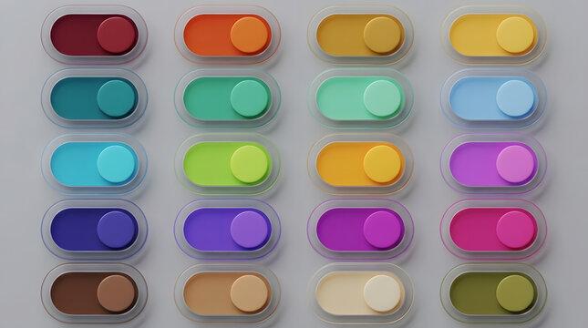 Set of colorful frosted glass toggle switches for mobile app user interface design