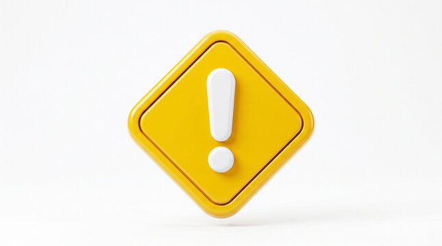 3d render of a yellow diamondshaped warning sign with a white exclamation mark symbol, isolated on white background