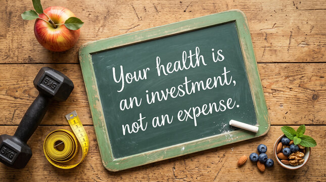 Chalkboard with the quote your health is an investment, not an expense, surrounded by a dumbbell, measuring tape, apple, and healthy snacks on wood
