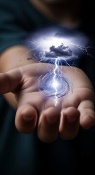 Close up of child hand holding magical storm cloud with lightning bolts and vortex energy representing power and imagination