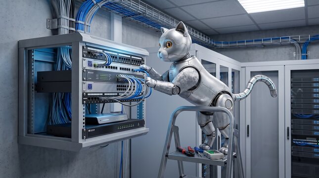 Robot cat technician installing ethernet cables in network rack