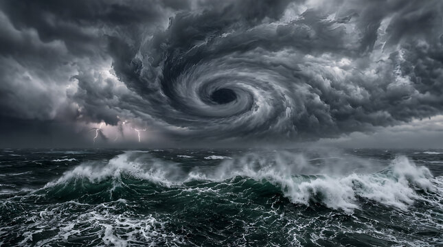 Massive hurricane storm over ocean with giant waves and lightning strikes dramatic sky
