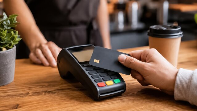 Person Making Contactless Payment with Credit Card at Wooden Cafe Counter