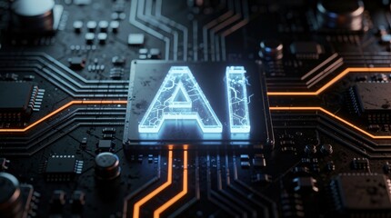 Fototapeta premium A glowing AI chip is embedded on a futuristic circuit board with intricate connections and electronic components in dark and neon lighting.