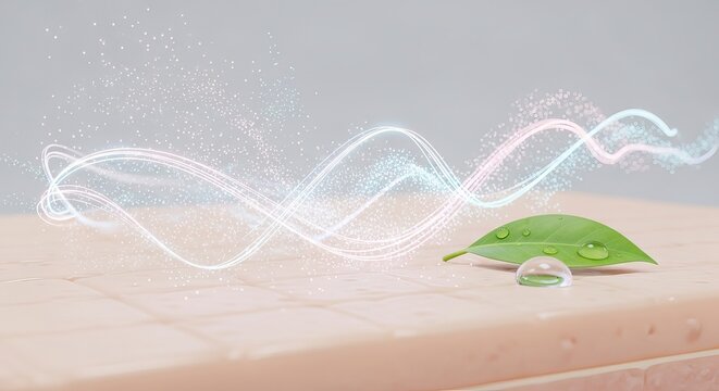 Natural skincare concept with green leaf and pure water droplets on skin surface