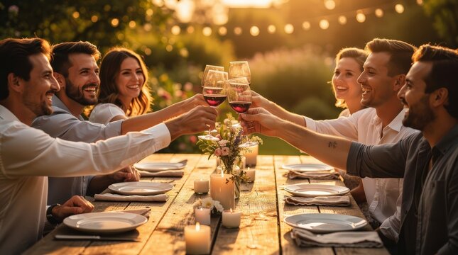 Six friends cheer with wine glasses around a candlelit outdoor dinner table at sunset, enjoying a warm and festive gathering.