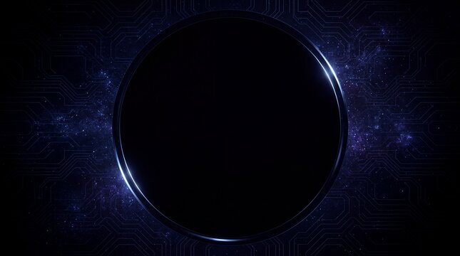 Black hole frame displays a dark circular core surrounded by glowing purple cosmic dust and digital circuits.