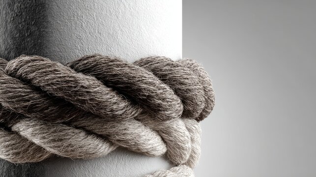 Photorealistic 3d illustration of a rough twisted rope wrapped firmly around a smooth cylindrical white pillar, creating contrast between rugged and sleek surfaces