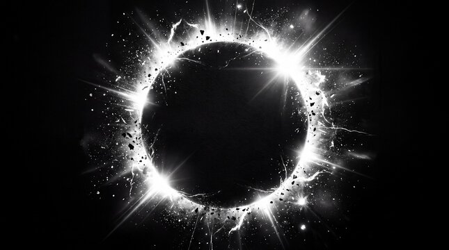 Solar eclipse shines with bright energy sparks and glowing light bursts against a pitch black background.