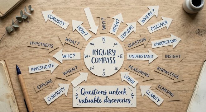 Inquiry Compass with Arrows Prompting Questions and Discoveries