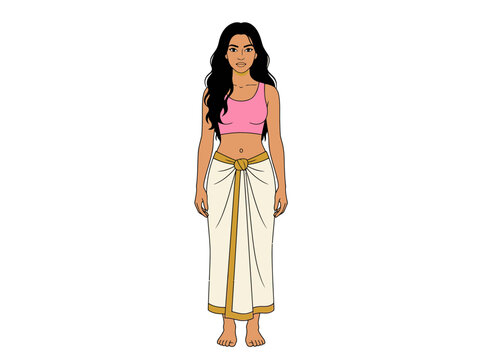 Indian Woman Illustration in Traditional Mundu Sarong and Pink Crop Top