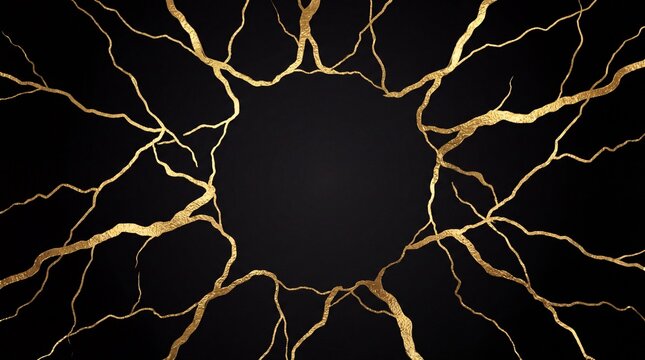 Golden veins and lightning cracks radiate across a dark black background surrounding a central empty circular space.