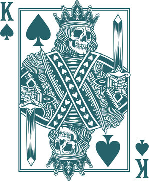 Hand Drawn Skeleton King of Spades with Sword, Gothic Playing Card, Vintage Dark Fantasy Design, King of Spades Vector Illustration