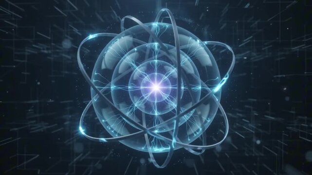 Glowing blue futuristic nuclear atom model representing quantum physics, energy core, subatomic science, and advanced nanotechnology