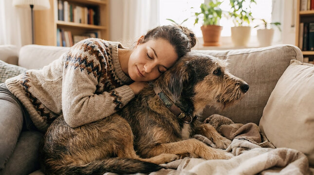 Young woman wearing a warm knitted sweater cuddles her scruffy brown dog while relaxing peacefully on a soft beige couch in a brightly lit cozy living room during the afternoon
