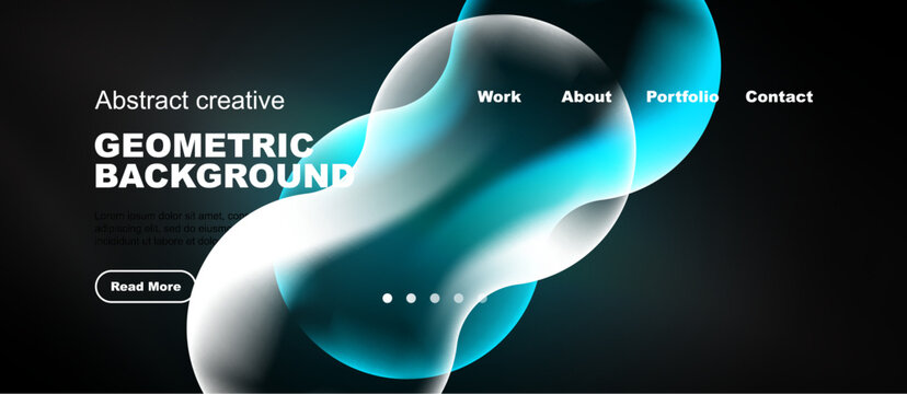 Modern website design features abstract shapes, text, navigation menu. Blue, white color scheme dominates dark background. Simple, clean aesthetic.