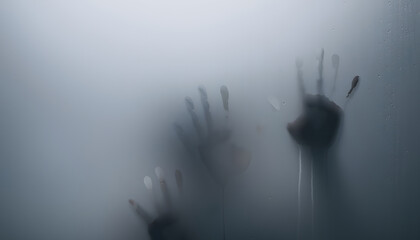 Naklejka premium Mysterious hands press against foggy surface creating eerie atmosphere perfect for Halloween. haunting image evokes feelings of suspense and fear