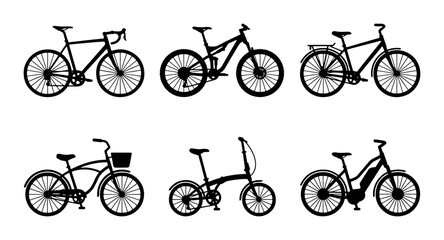Fototapeta premium Diverse Bicycle Collection, Vector Icons Set: Road, Mountain, Folding, Electric Bikes