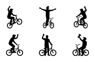 Naklejka premium BMX Rider Silhouettes Collection: Action, Victory, Freestyle Cycling Vector Set