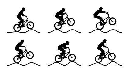 Fototapeta premium BMX Rider Silhouettes, Extreme Cycling Action Poses, Bicycle Sport Motion Graphics
