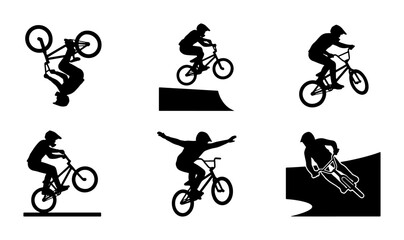 Fototapeta premium BMX Bike Freestyle Tricks Set, Extreme Sports Action Silhouettes, Bicycle Rider Dynamic Poses