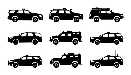 Police SUV Icons, Law Enforcement Vehicles Set, Security Car Graphics, Black Vector Collection © Anik