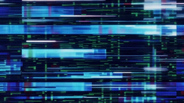 Abstract digital pixel noise with colorful glitch distortions, corrupted video damage, fragmented scanlines, electronic artifacts, 4K video