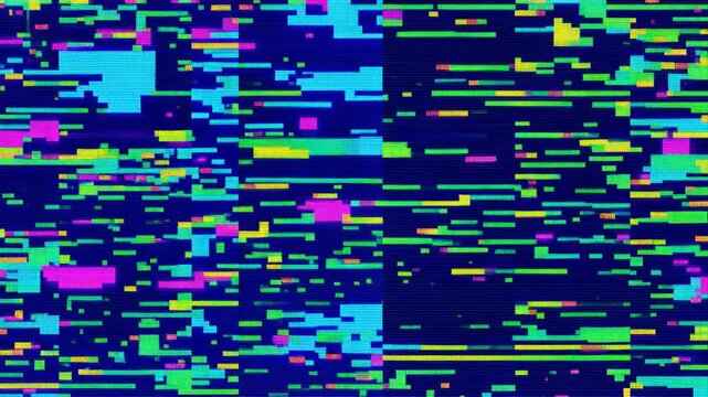 Abstract digital pixel noise with colorful glitch distortions, corrupted video damage, fragmented scanlines, electronic artifacts, 4K video