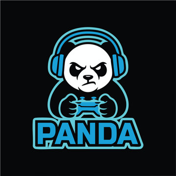 Gamer Panda Logo: An angry panda wearing headphones and holding a video game controller, designed as a cool logo for a gaming team or e-sport.