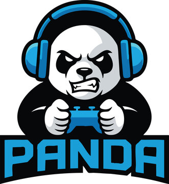 Gaming Panda Mascot: A fierce panda character with headphones and a game controller in hand, poised for action, embodies the spirit of competitive gaming and esports.