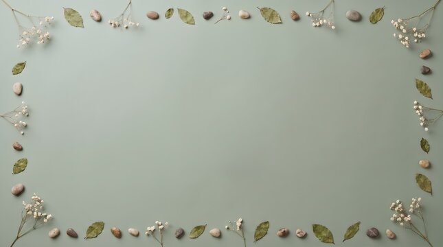 Flat lay natural botanical frame border composed of dried leaves flowers and stones on a pale background with botanical